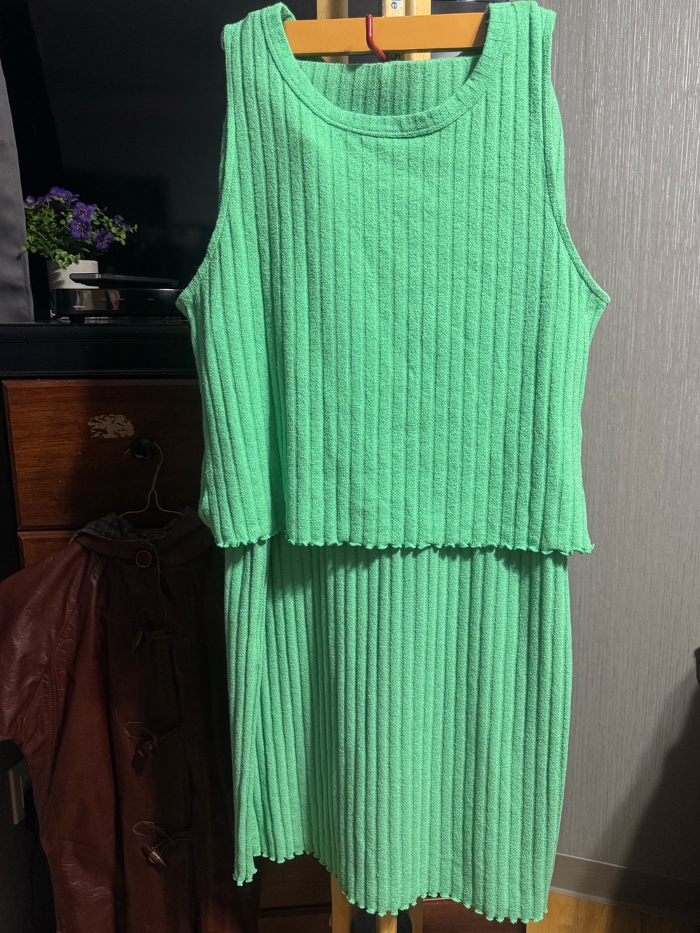 H&M Mint Green Ribbed Terry Cloth Tank Top & Midi Skirt Matching Set Size XL